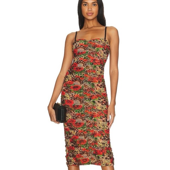 L’Agence red rose / leopard Caprice convertible stretch midi dress - 2 (XS) NWT - Picture 2 of 7